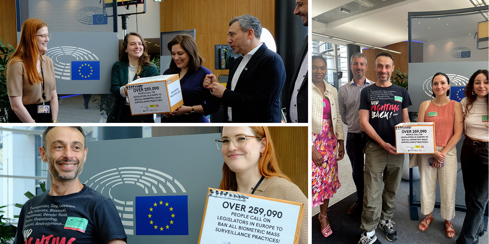 Collage d'immagini della consegna delle firme al Parlamento Europeo di Bruxelles