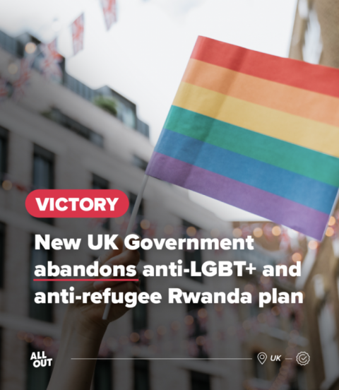 Image shows a rainbow flag banner set against cityscape from London. Text reads: Victory: New UK Government abandons anti-LGBT+ and anti-refugee Rwanda plan